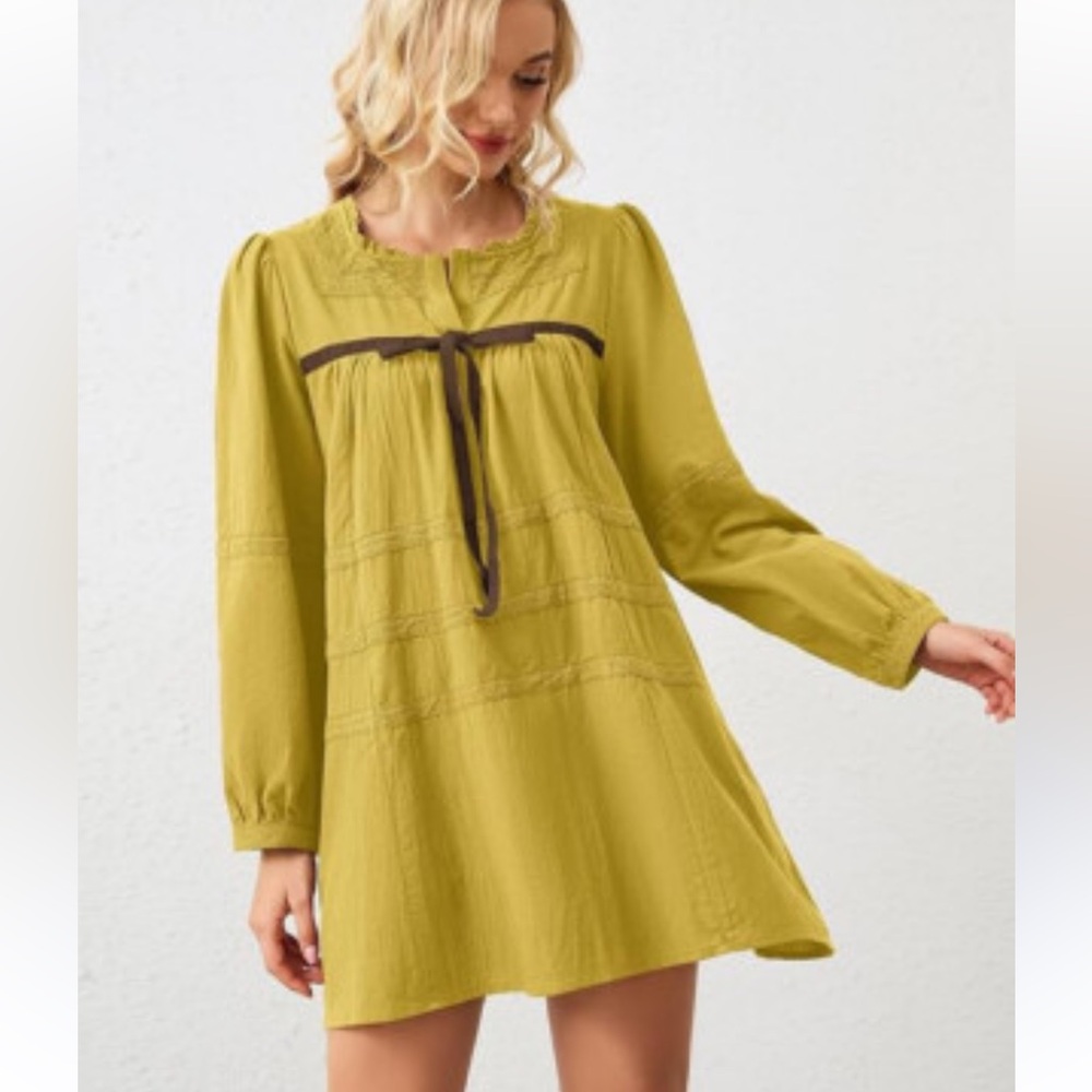 Mustard Yellow Babydoll Mini Dress New Spring Brown Velvet Ribbon Cotton S Boho